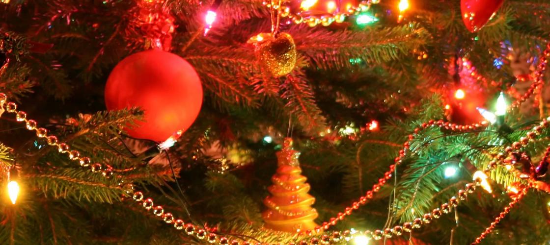 Ornaments on a Christmas tree.