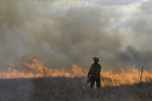 A controlled burn in a dry field.