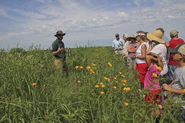 MDC staffer talks to partipants at Prairie Days. He is standing in a prairie with hip-high plants and flowers.
