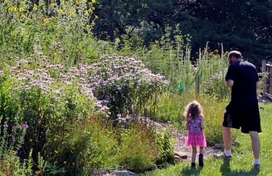 Father and daughter visit native plant garden