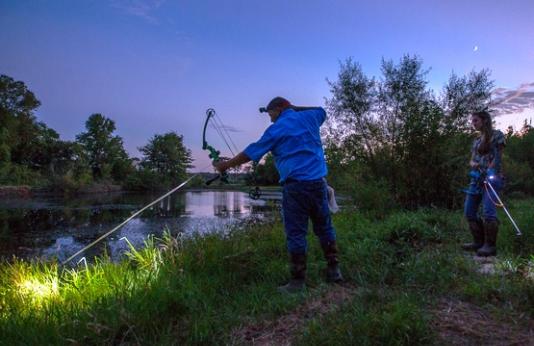 A bow hunter with a headlamp shoots at a frog along a stream