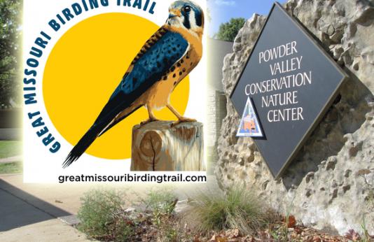 Great Missouri Birding Trail sign along with Powder Valley's Nature Center sign