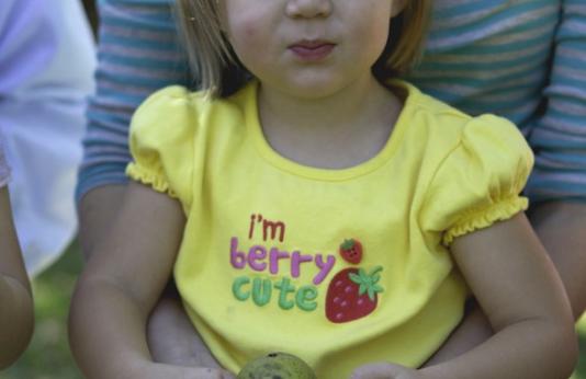 Little girl holding walnuts.