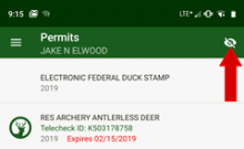 The hide/show permit icon is located at the top right-hand side of the permit listing screen.